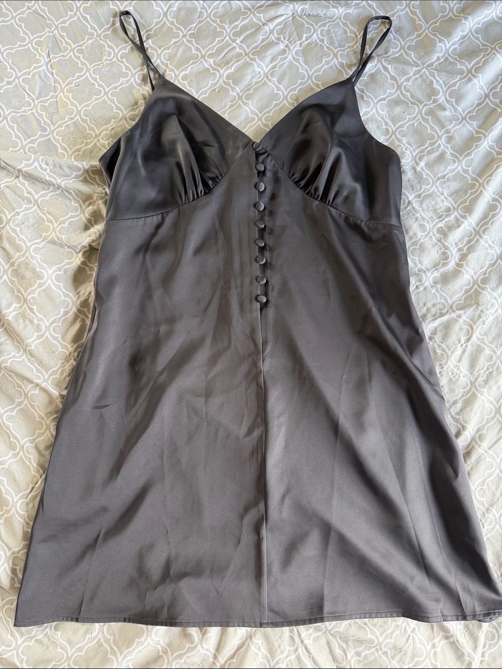 Anthropologie Satin Black Mini Slip Dress with Covered Buttons
